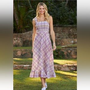 BOSTON PROPER  SMOCKED PLAID SEERSUCKER DRESS